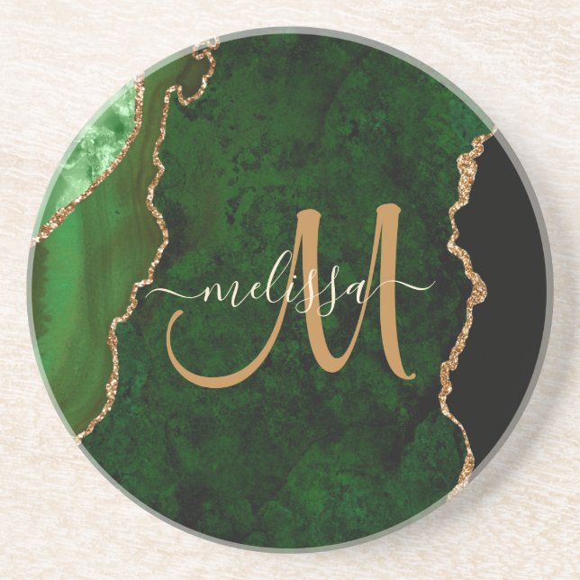 Chic Green Gold Agate Script Custom Monogram Coaster (Front)