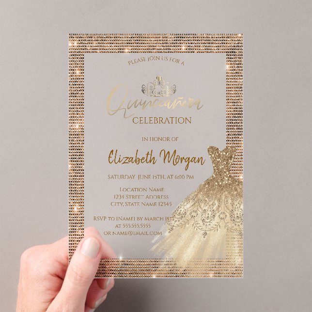 Chic Green Gold Dress Tiara,Diamonds Quinceañera Acrylic Invitations (Insitu (Handheld))