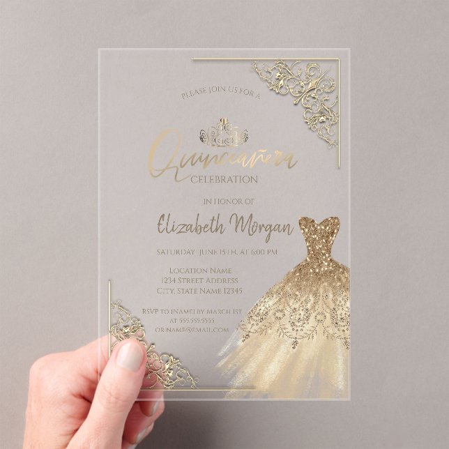 Chic Green Gold Dress Tiara,Diamonds Quinceañera Acrylic Invitations (Insitu (Handheld))