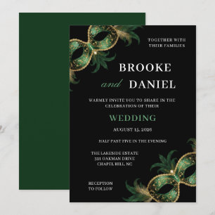 Chic Green Gold Feathered Masquerade Wedding Invitation