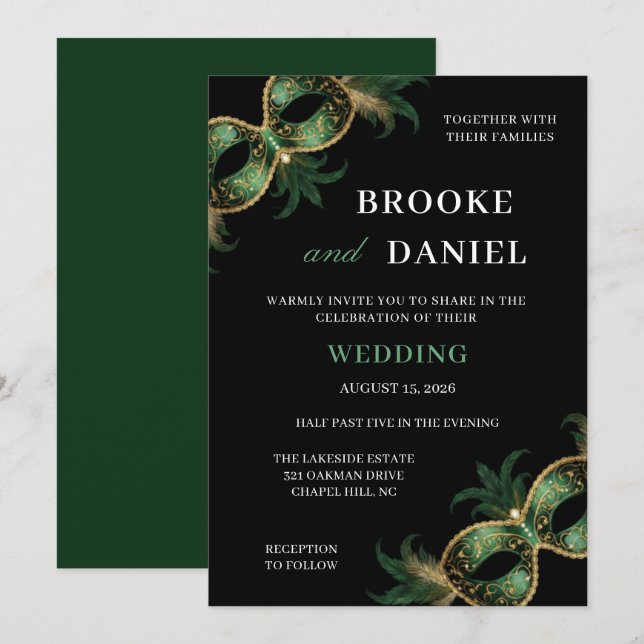 Chic Green Gold Feathered Masquerade Wedding Invitation (Front/Back)