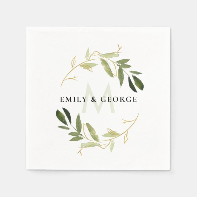 CHIC GREEN GOLD FOLIAGE WREATH MONOGRAM WEDDING NAPKIN (Front)