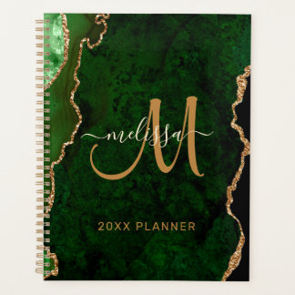 Chic Green Gold Glitter Agate Custom Monogram 2024 Planner
