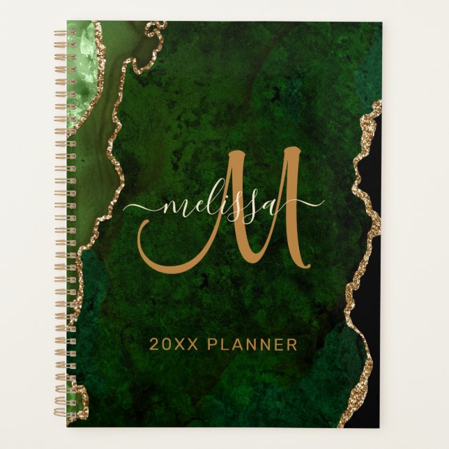 Chic Green Gold Glitter Agate Custom Monogram 2024 Planner (Front)