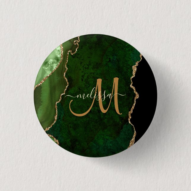 Chic Green Gold Glitter Agate Custom Monogram 3 Cm Round Badge (Front)