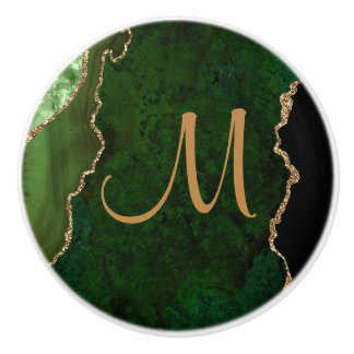 Chic Green Gold Glitter Agate Custom Monogram Ceramic Knob