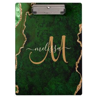 Chic Green Gold Glitter Agate Custom Monogram Clipboard