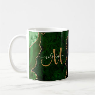 Chic Green Gold Glitter Agate Custom Monogram Coffee Mug