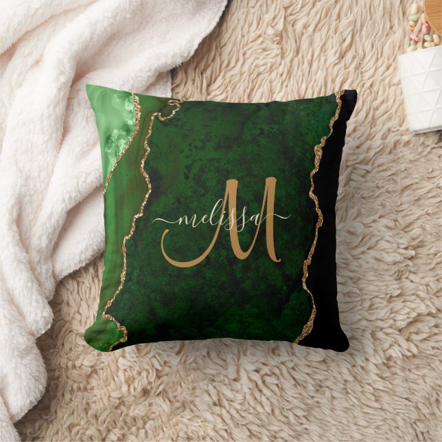 Chic Green Gold Glitter Agate Custom Monogram Cushion (Blanket)