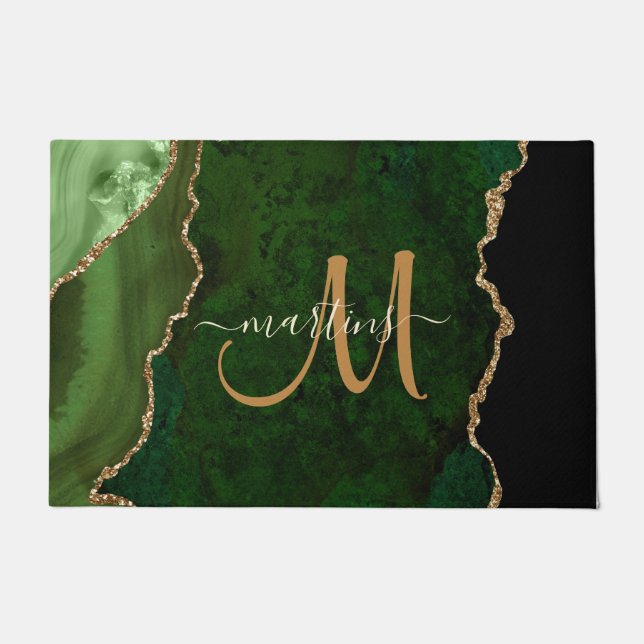 Chic Green Gold Glitter Agate Custom Monogram Doormat (Front)