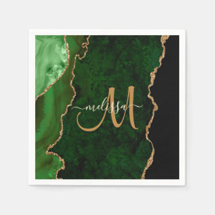 Chic Green Gold Glitter Agate Custom Monogram Napkin