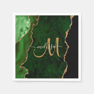 Chic Green Gold Glitter Agate Custom Monogram Napkin