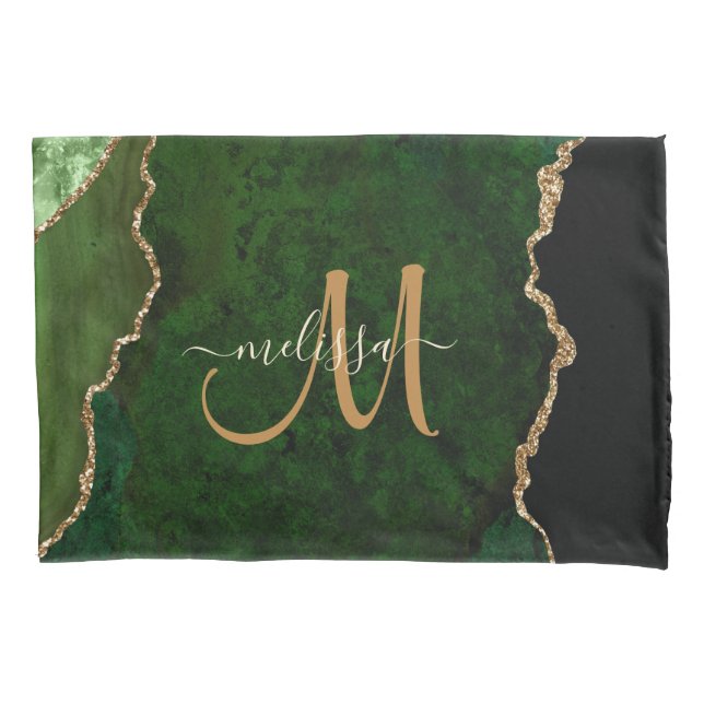 Chic Green Gold Glitter Agate Custom Monogram Pillowcase (Front)