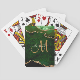 Chic Green Gold Glitter Agate Custom Monogram Playing Cards