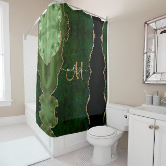 Chic Green Gold Glitter Agate Custom Monogram Shower Curtain