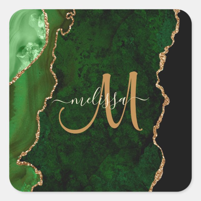 Chic Green Gold Glitter Agate Custom Monogram Square Sticker (Front)