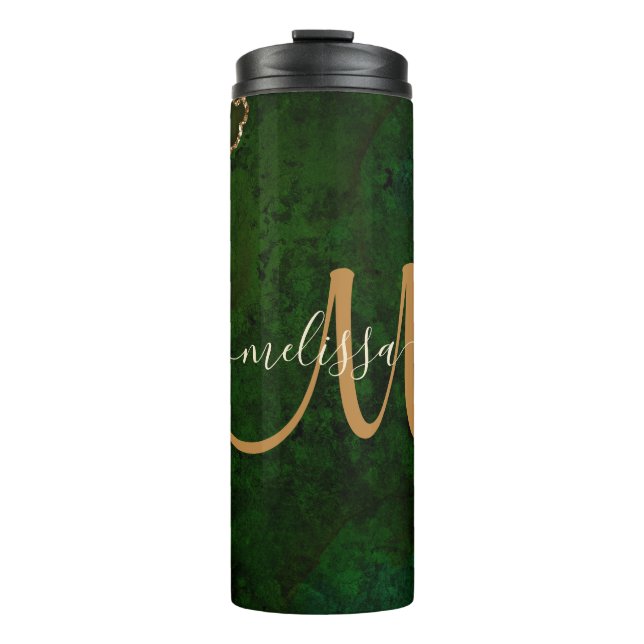 Chic Green Gold Glitter Agate Custom Monogram Thermal Tumbler (Front)