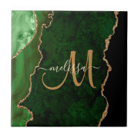 Chic Green Gold Glitter Agate Custom Monogram