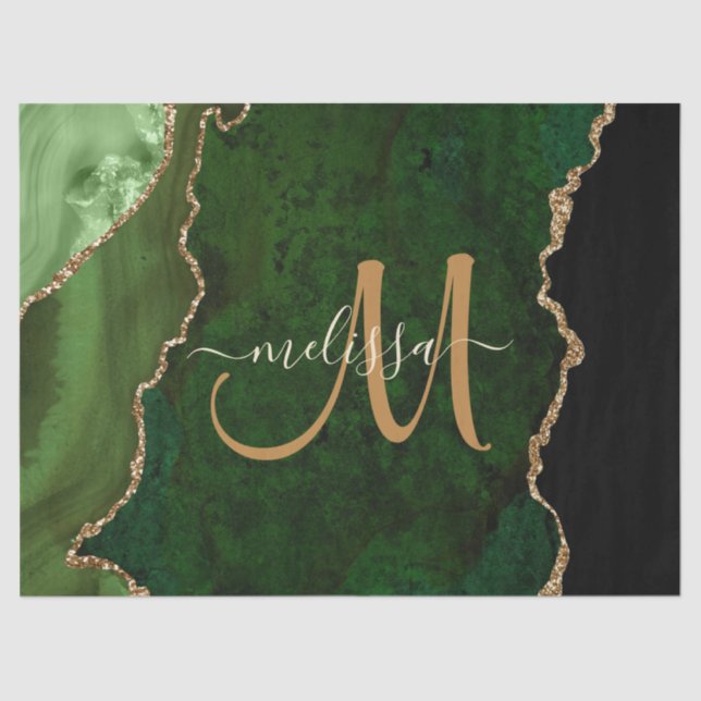 Chic Green Gold Glitter Agate Custom Monogram Tissue Paper (Front)
