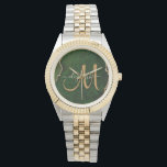 Chic Green Gold Glitter Agate Custom Monogram Watch<br><div class="desc">This chic custom monogrammed watch features a modern green agate background accented with faux gold glitter. Personalise your monogram initial in hand lettered gold script calligraphy with your name above. A unique girly gift for birthday,  holidays and any special occasion. Designed just for you by Extreme Tees!</div>