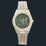 Chic Green Gold Glitter Agate Custom Monogram Watch<br><div class="desc">This chic custom monogrammed watch features a modern green agate background accented with faux gold glitter. Personalise your monogram initial in hand lettered gold script calligraphy with your name above. A unique girly gift for birthday,  holidays and any special occasion. Designed just for you by Extreme Tees!</div>