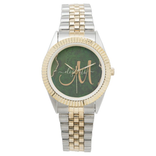 Chic Green Gold Glitter Agate Custom Monogram Watch (Front)