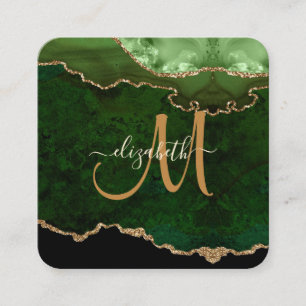Chic Green Gold Glitter Agate Script Monogram Square Business Card