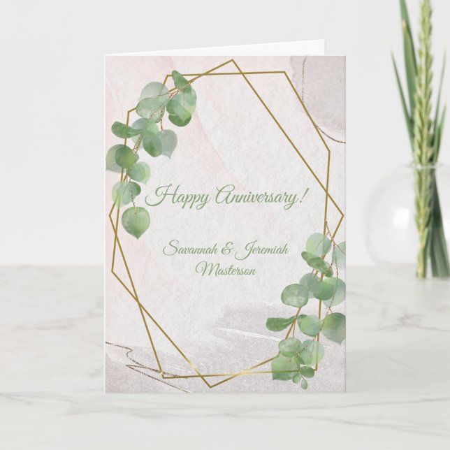 Chic Green Gold Greenery Customisable Anniversary Card (Front)