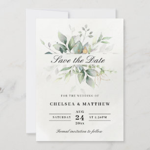 Chic Green & Gold Leafy Elegance Save The Date