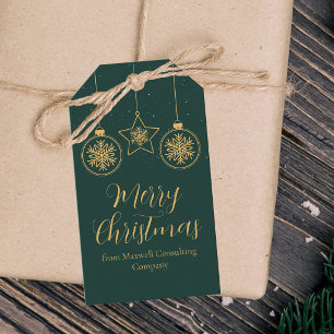 Chic Green Gold Ornaments Company Christmas Party Gift Tags