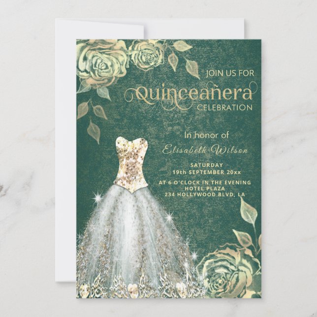 Chic green Gold roses trendy dress Quinceañera Invitation (Front)
