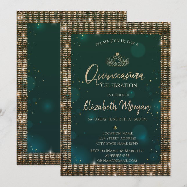 Chic Green Gold Tiara,Sequins Green Quinceañera Invitation (Front/Back)