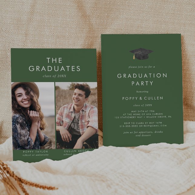 Chic Green Grad Cap Photo Double Graduation Party Invitation (Creator Uploaded)