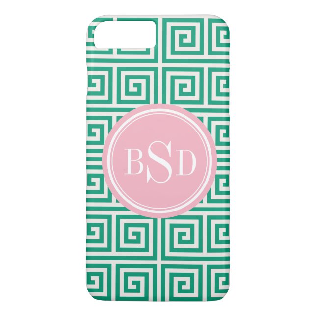 Chic green greek key geometric patterns monogram Case-Mate iPhone case (Back)