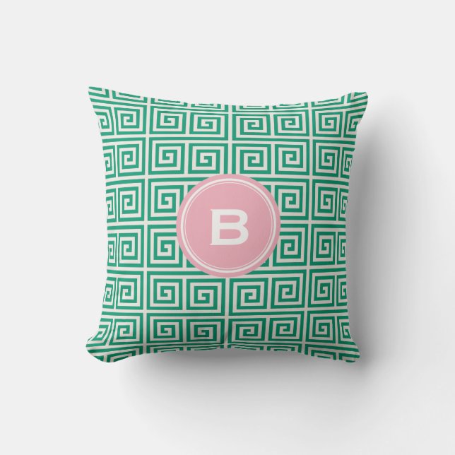 Chic green greek key geometric patterns monogram cushion (Front)
