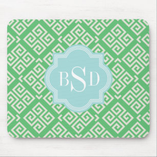 Chic green greek key geometric patterns monogram mouse mat