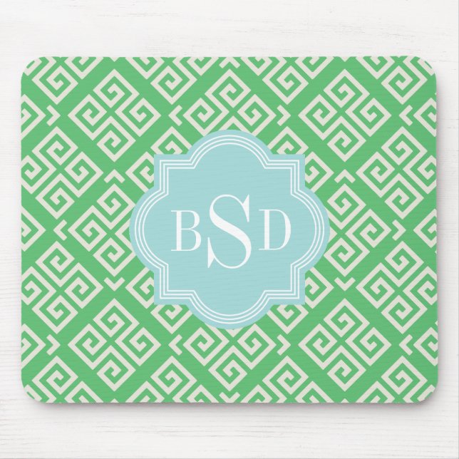 Chic green greek key geometric patterns monogram mouse mat (Front)