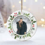 Chic Green Holly Christmas Wreath 2 Sided Photo Ceramic Tree Decoration<br><div class="desc">This gorgeous olive green with holly berry Christmas wreath encircles your holiday photo inside of a circle. A chic 2 sided Christmas ornament keepsake for a modern couple. Botanical leaves spring out of the beautiful photograph. Add a 2nd picture on the back.</div>