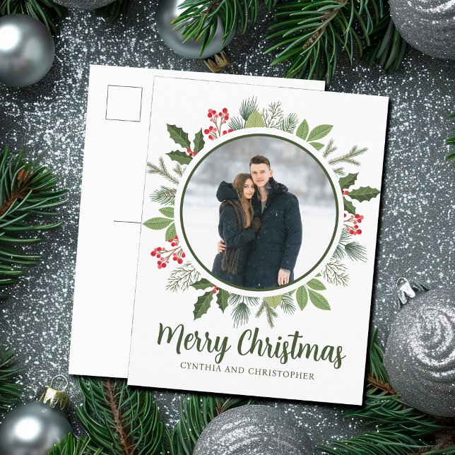 Chic Green Holly Christmas Wreath Couple Photo Holiday Postcard (Creator Uploaded)