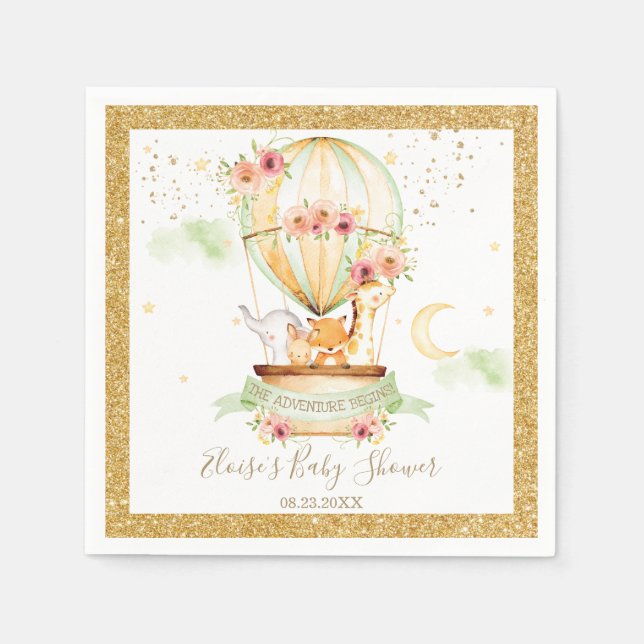 Chic Green Hot Air Balloon Baby Animals Neutral Napkin (Front)