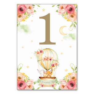 Chic Green Hot Air Balloon Baby Animals Neutral Table Number