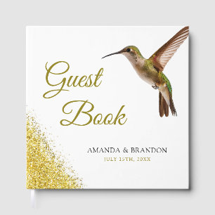Chic Green Hummingbird and Gold Dust Wedding Guest Book