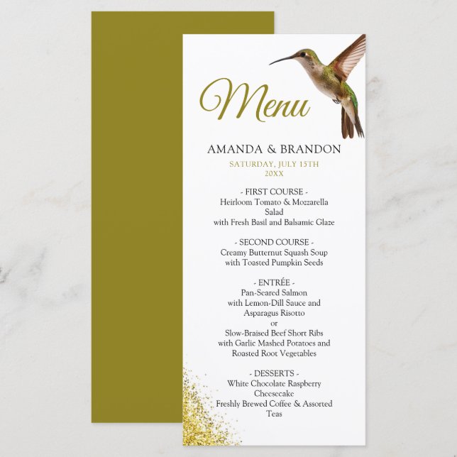 Chic Green Hummingbird and Gold Dust Wedding Menu (Front/Back)