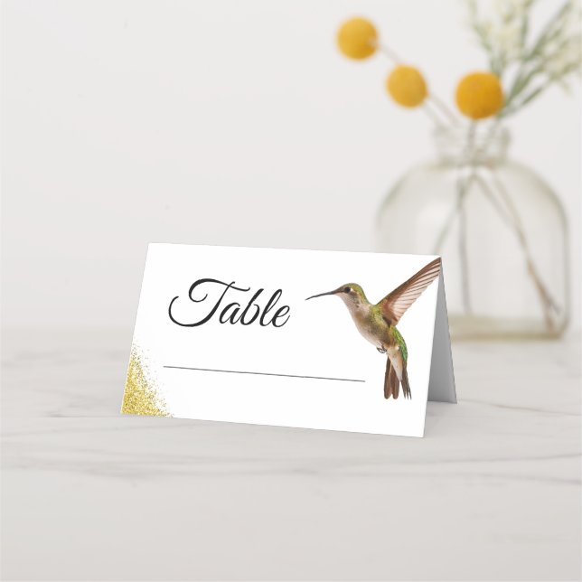 Chic Green Hummingbird and Gold Dust Wedding Place Card (Front)