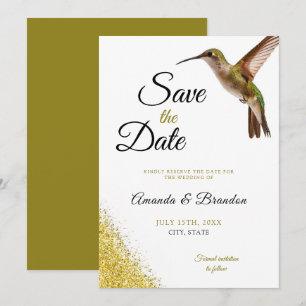 Chic Green Hummingbird and Gold Dust Wedding Save The Date