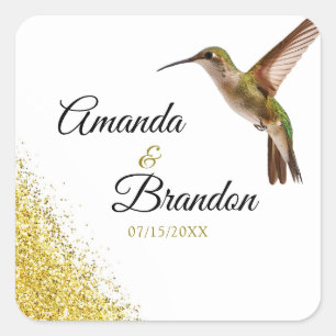 Chic Green Hummingbird and Gold Dust Wedding Square Sticker