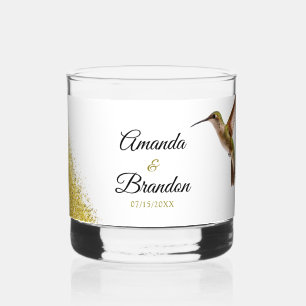 Chic Green Hummingbird and Gold Dust Wedding Whiskey Glass