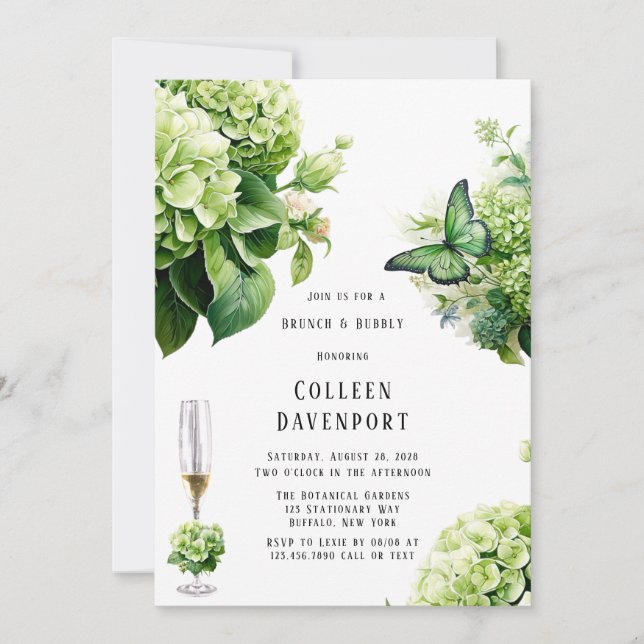 Chic Green Hydrangea Butterfly Brunch & Bubbly Invitation (Front)