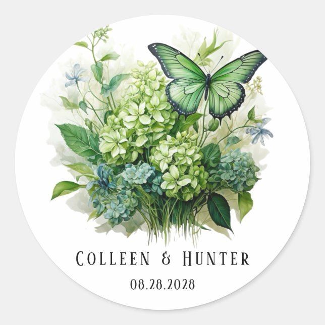 Chic Green Hydrangea Floral Butterfly Wedding  Classic Round Sticker (Front)
