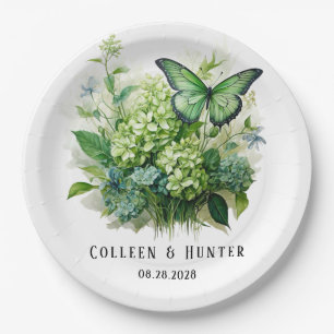 Chic Green Hydrangea Floral Butterfly Wedding Paper Plate